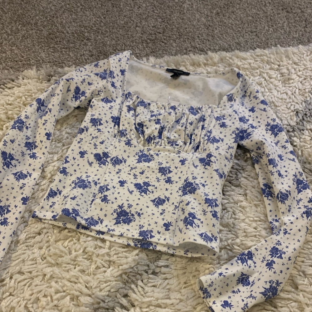 Forever 21 Blue & White Long Sleeve Square Neck Top